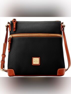 Dooney & Bourke Black Pebbled Leather Messenger with Tan Trim